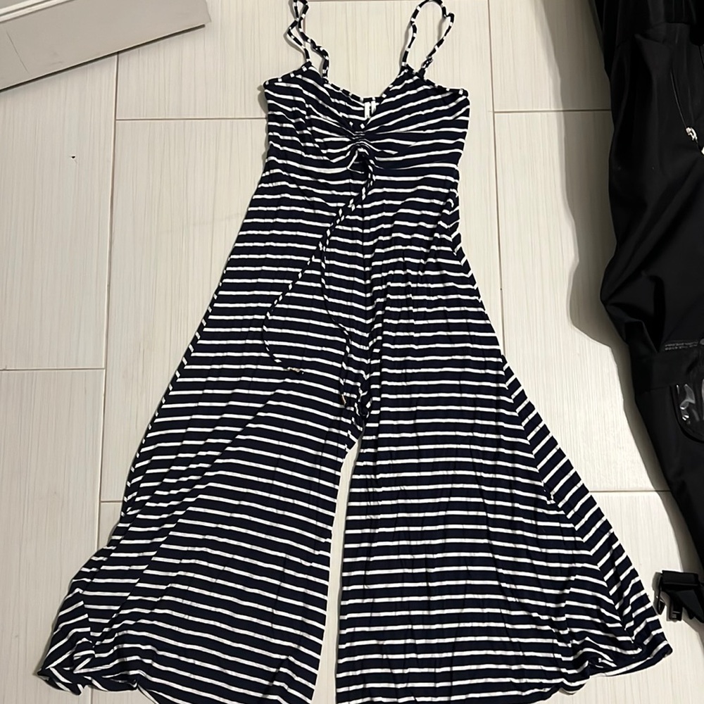 Navy and white stripe Anthropologie jumpsuit